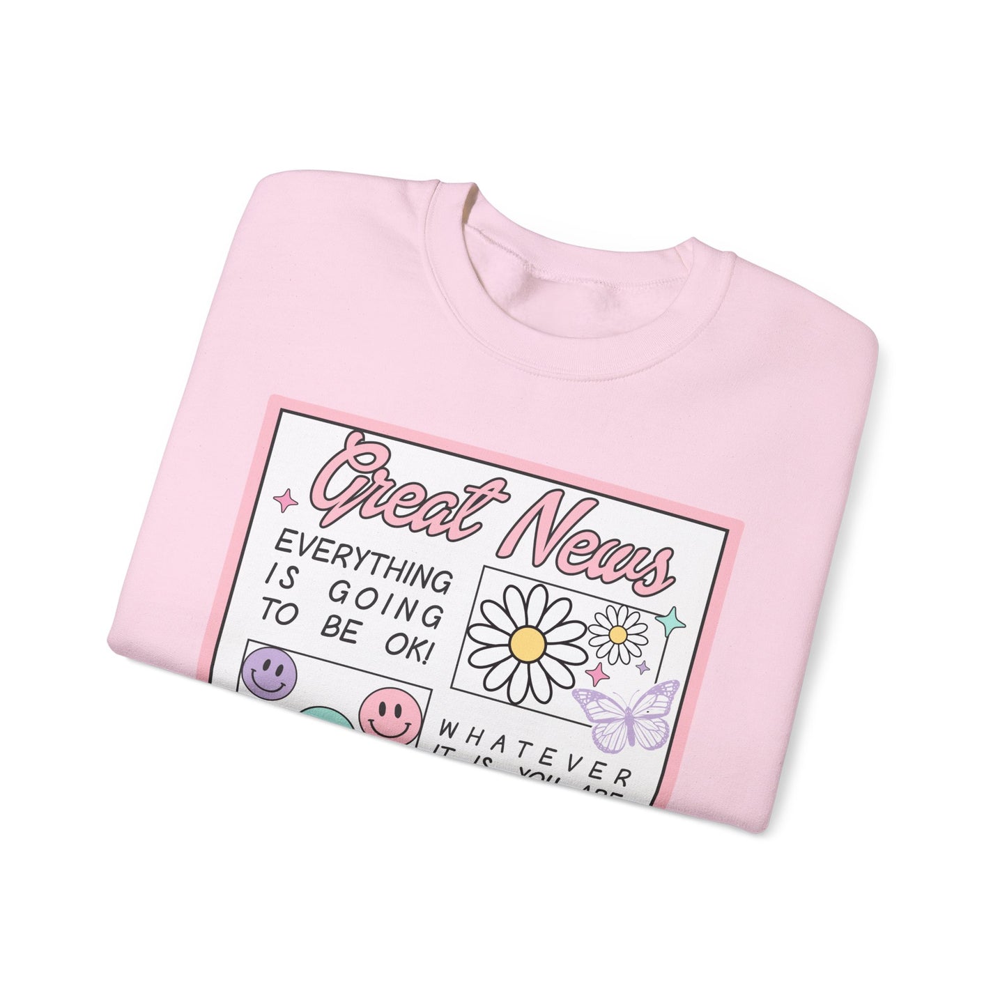 Newspaper Style Graphic Crewneck Sweatshirt - Everything Will Be Okay