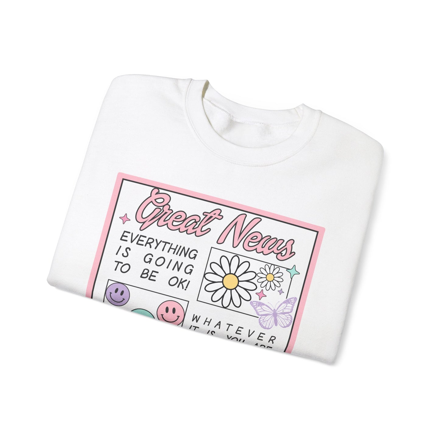 Newspaper Style Graphic Crewneck Sweatshirt - Everything Will Be Okay