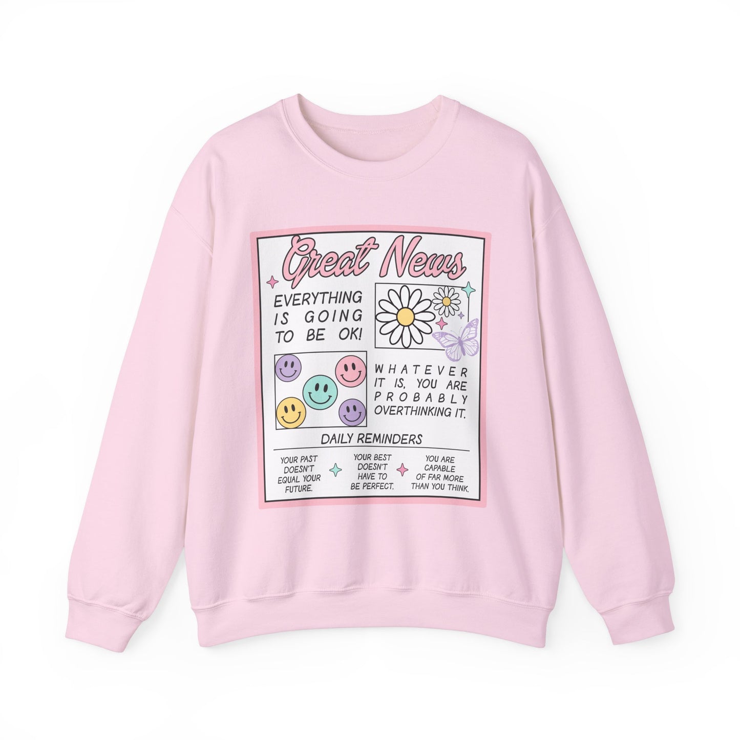 Newspaper Style Graphic Crewneck Sweatshirt - Everything Will Be Okay