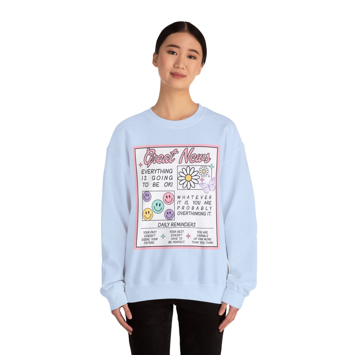 Newspaper Style Graphic Crewneck Sweatshirt - Everything Will Be Okay
