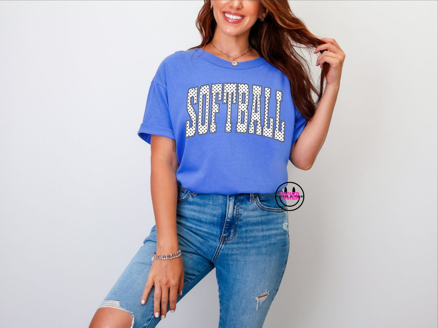 Dotted Softball Graphic Tee | Comfort Colors CC1717 Watermelon, Flo Blue or Chambray | Softball Game Day Shirt