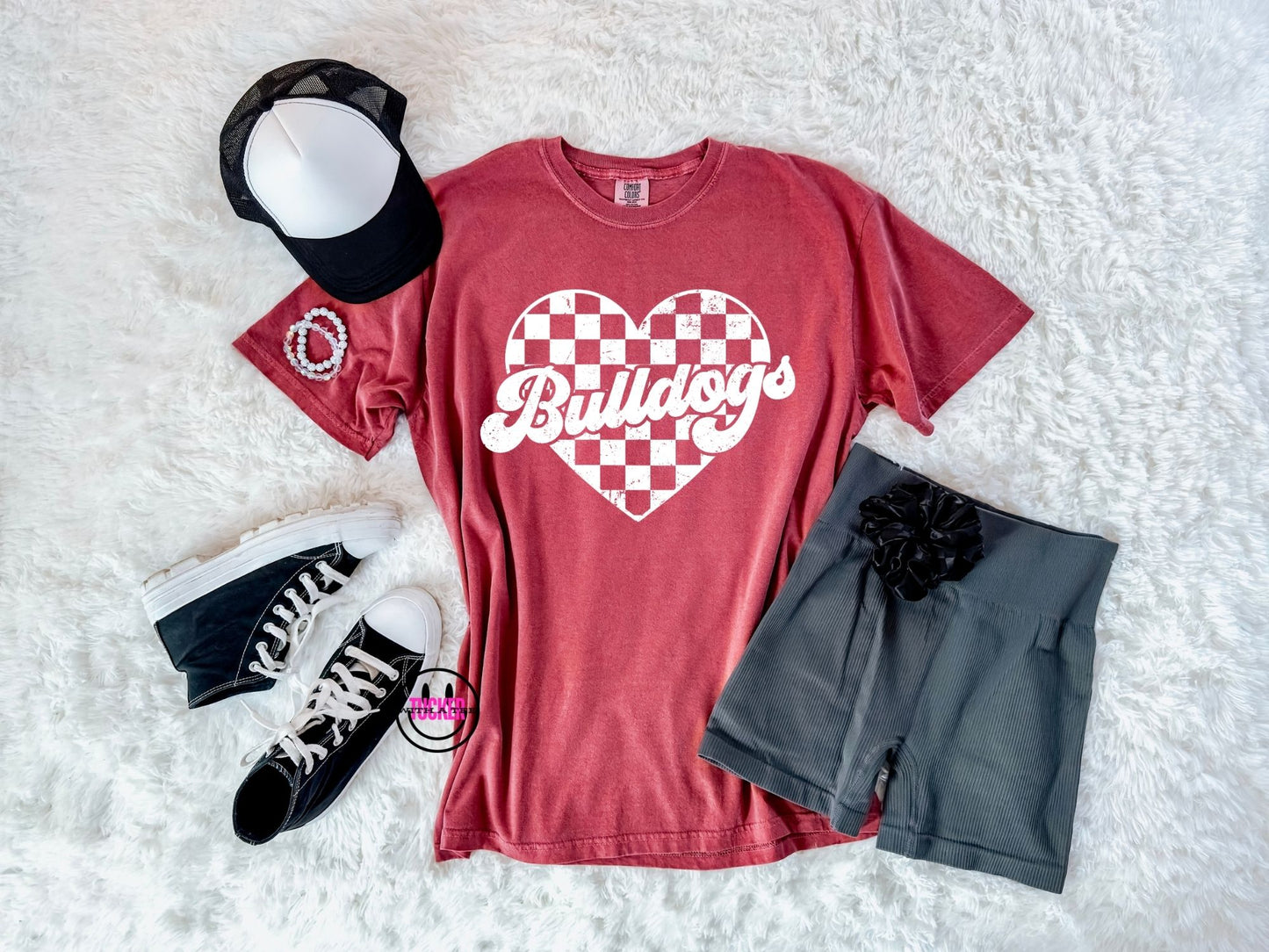 Checkered heart Bulldogs crimson Comfort Colors tee