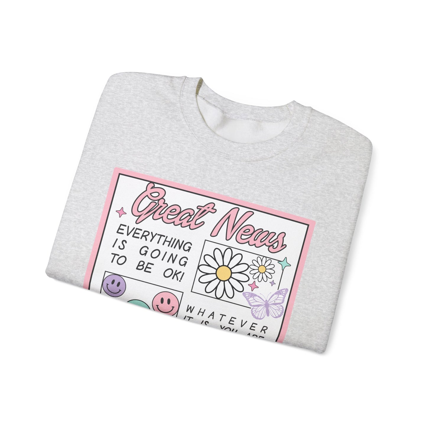 Newspaper Style Graphic Crewneck Sweatshirt - Everything Will Be Okay
