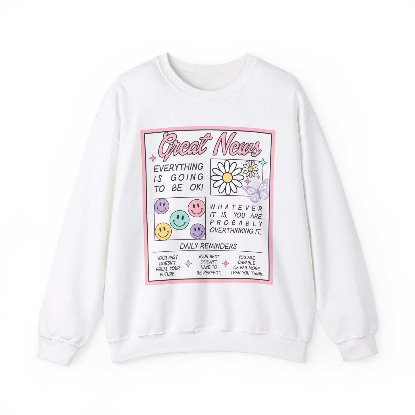 Newspaper Style Graphic Crewneck Sweatshirt - Everything Will Be Okay