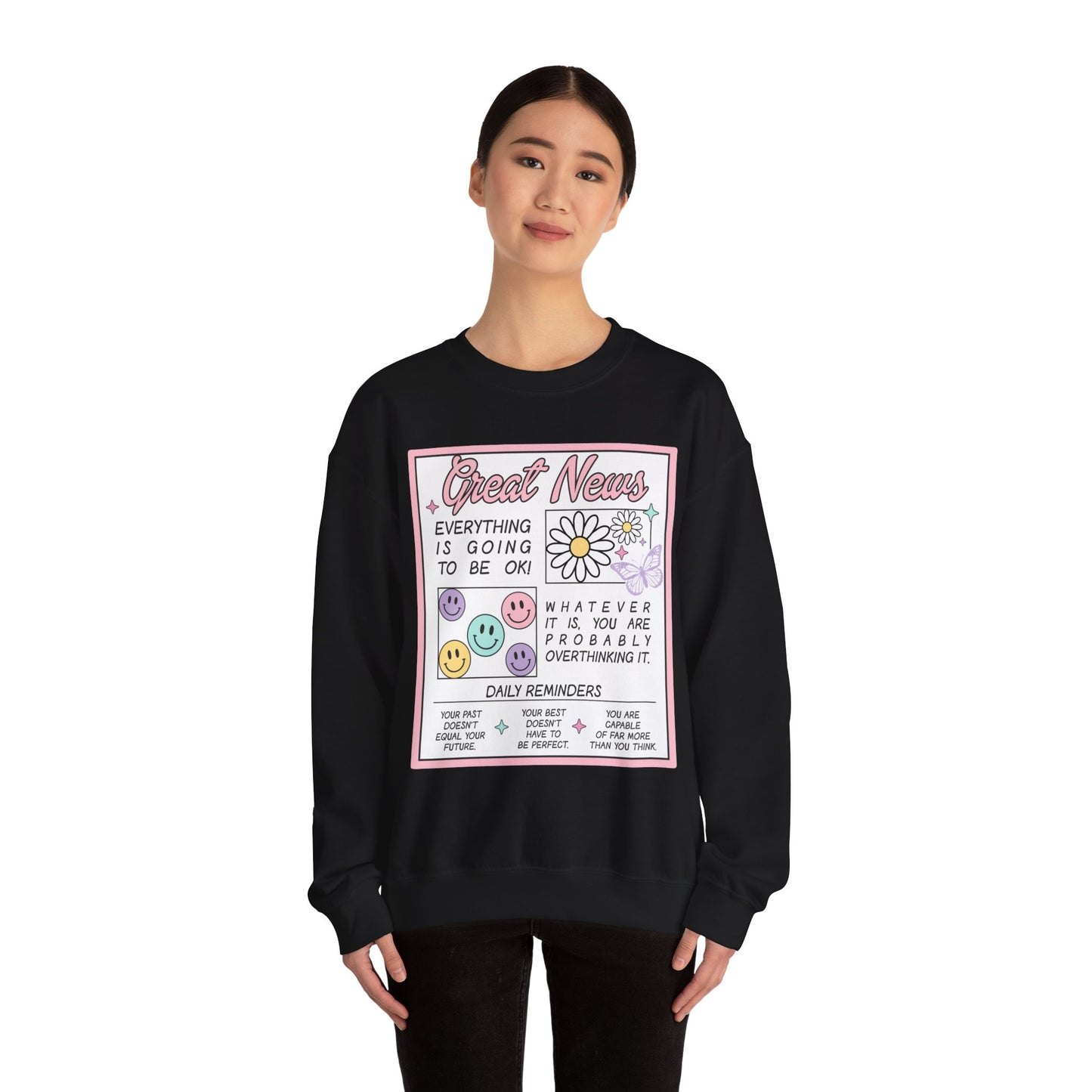 Newspaper Style Graphic Crewneck Sweatshirt - Everything Will Be Okay