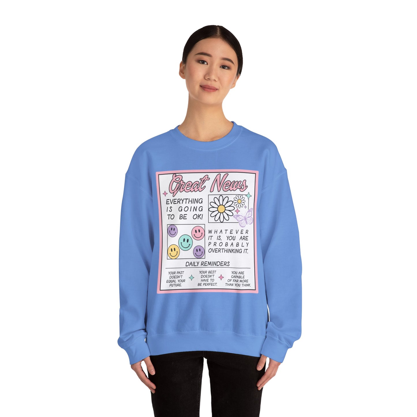 Newspaper Style Graphic Crewneck Sweatshirt - Everything Will Be Okay