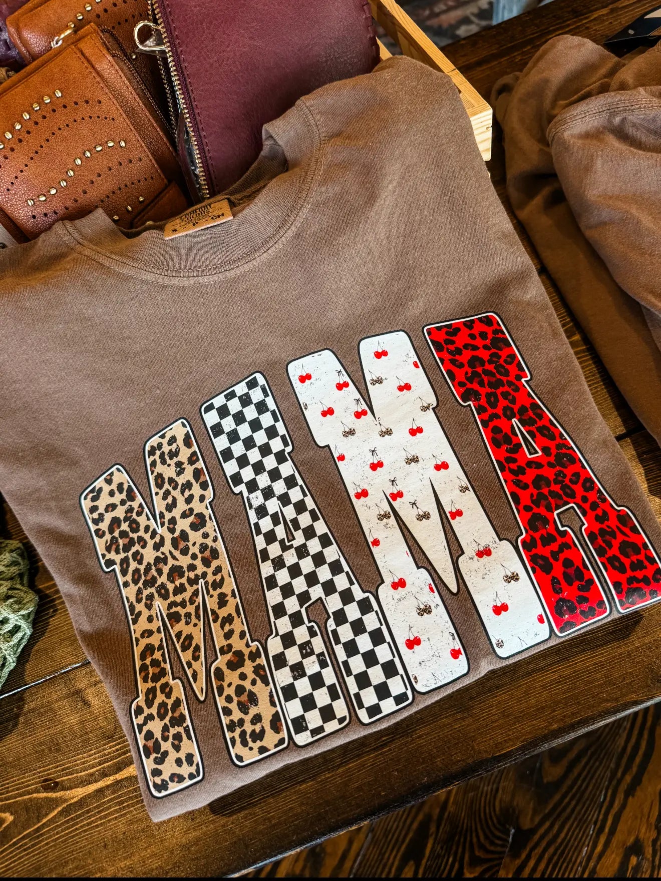 Mama Mixed Print Tee | Checker, Cherry & Leopard Print | Comfort Colors CC1717 Espresso or Pepper | Trendy Mama Graphic Tee