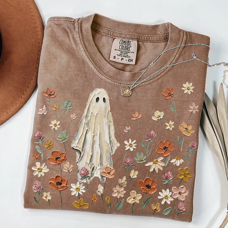 Floral ghost brown Halloween Comfort Colors tee