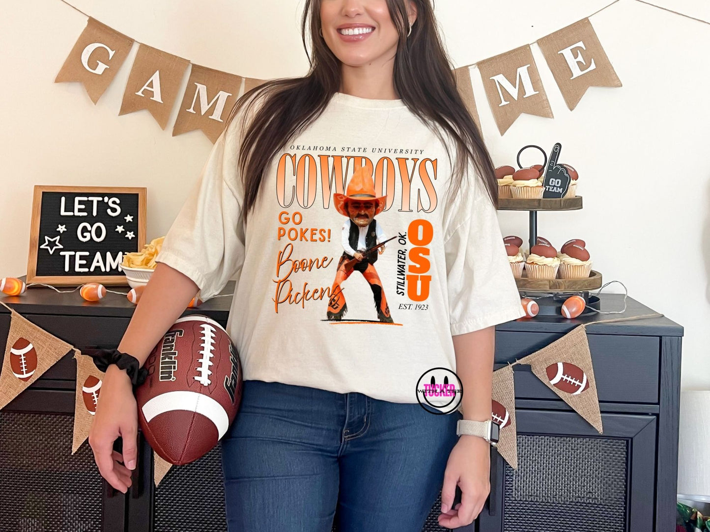Oklahoma State Cowboys orange mascot graphic tee in ivory