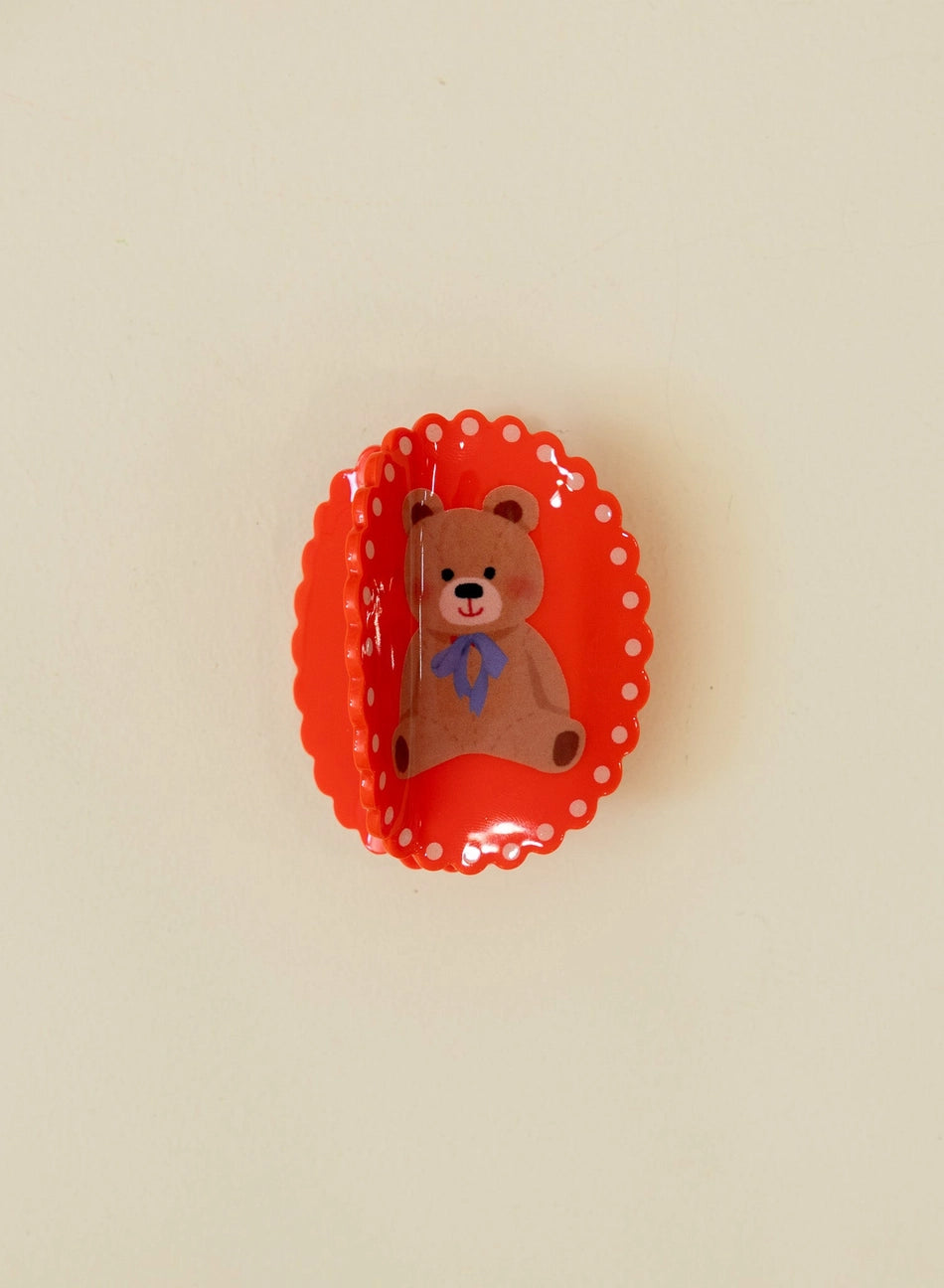 Scalloped Frame Claw Clip – Red + Teddy Bear- KAXI