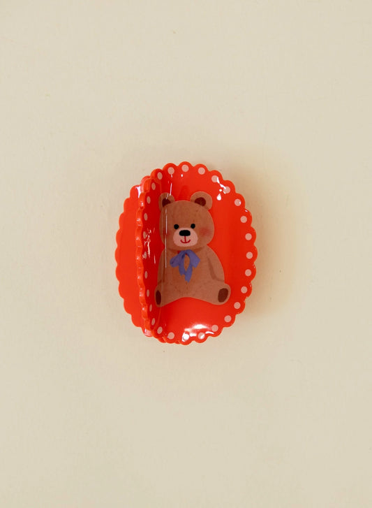 Scalloped Frame Claw Clip – Red + Teddy Bear- KAXI