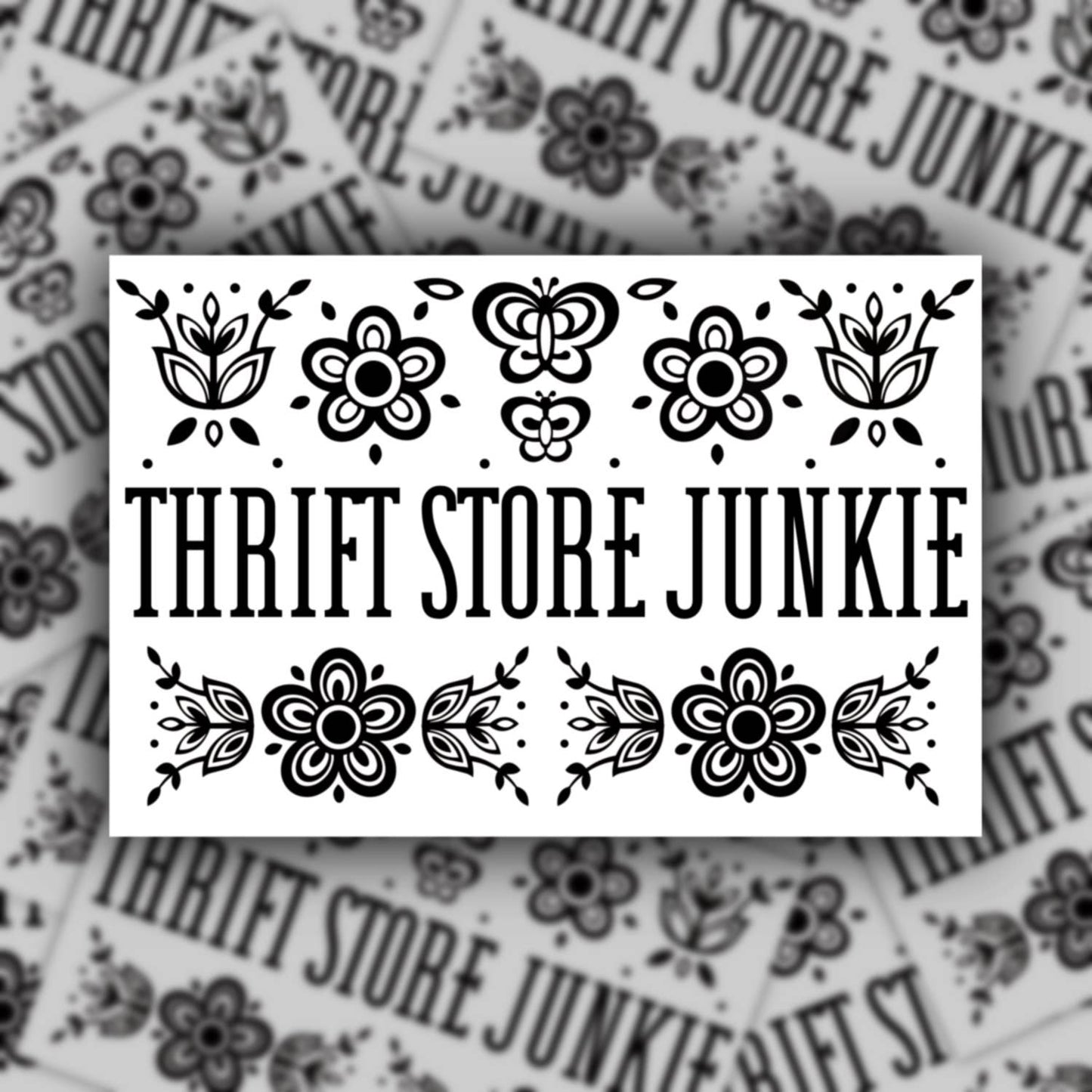 Thrift store junkie, retro collectible design sticker