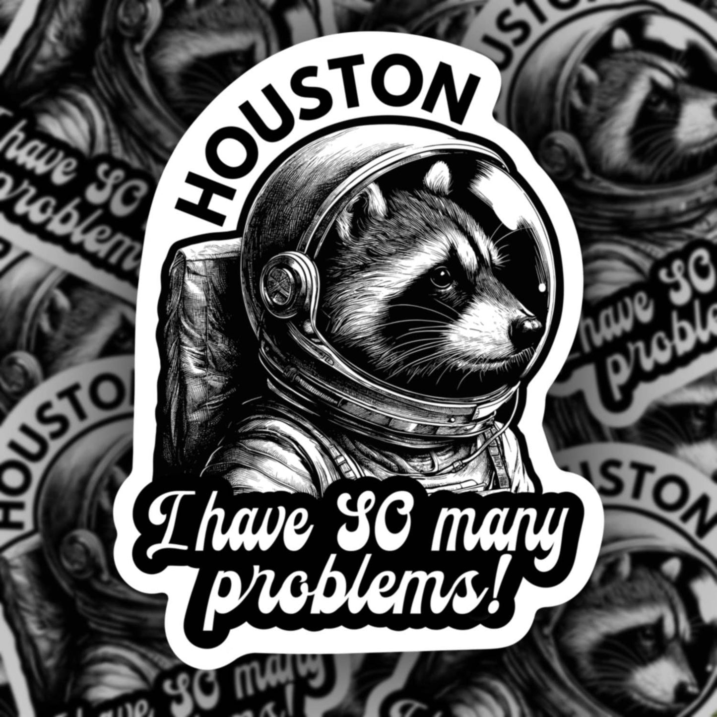 Houston, I have so many problems, funny raccoon sticker