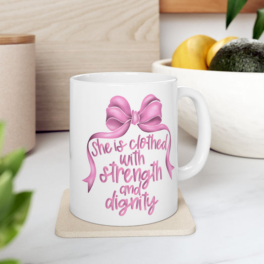 Proverbs 31:25 Pink Bow Ceramic Mug, (11oz, 15oz)