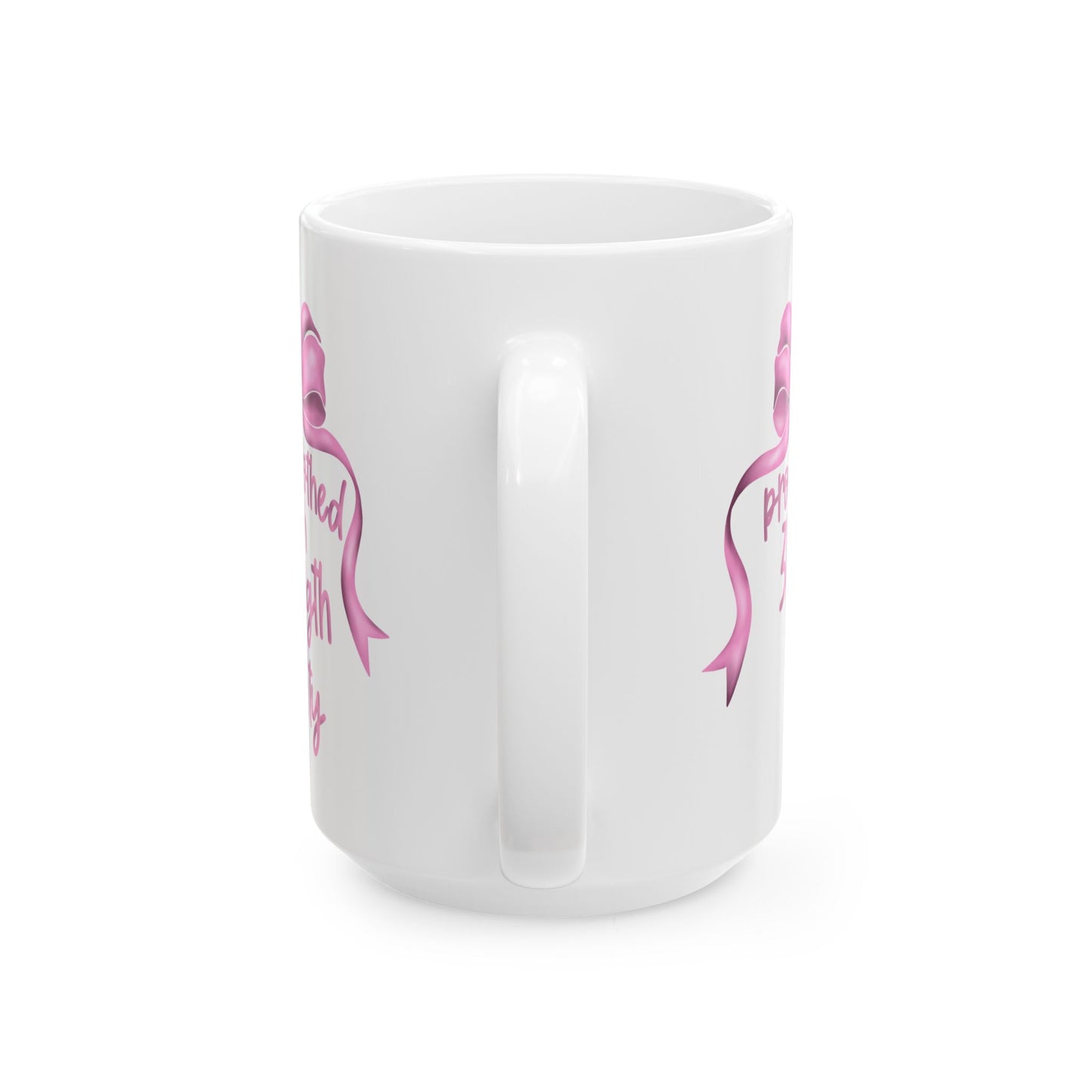Proverbs 31:25 Pink Bow Ceramic Mug, (11oz, 15oz)