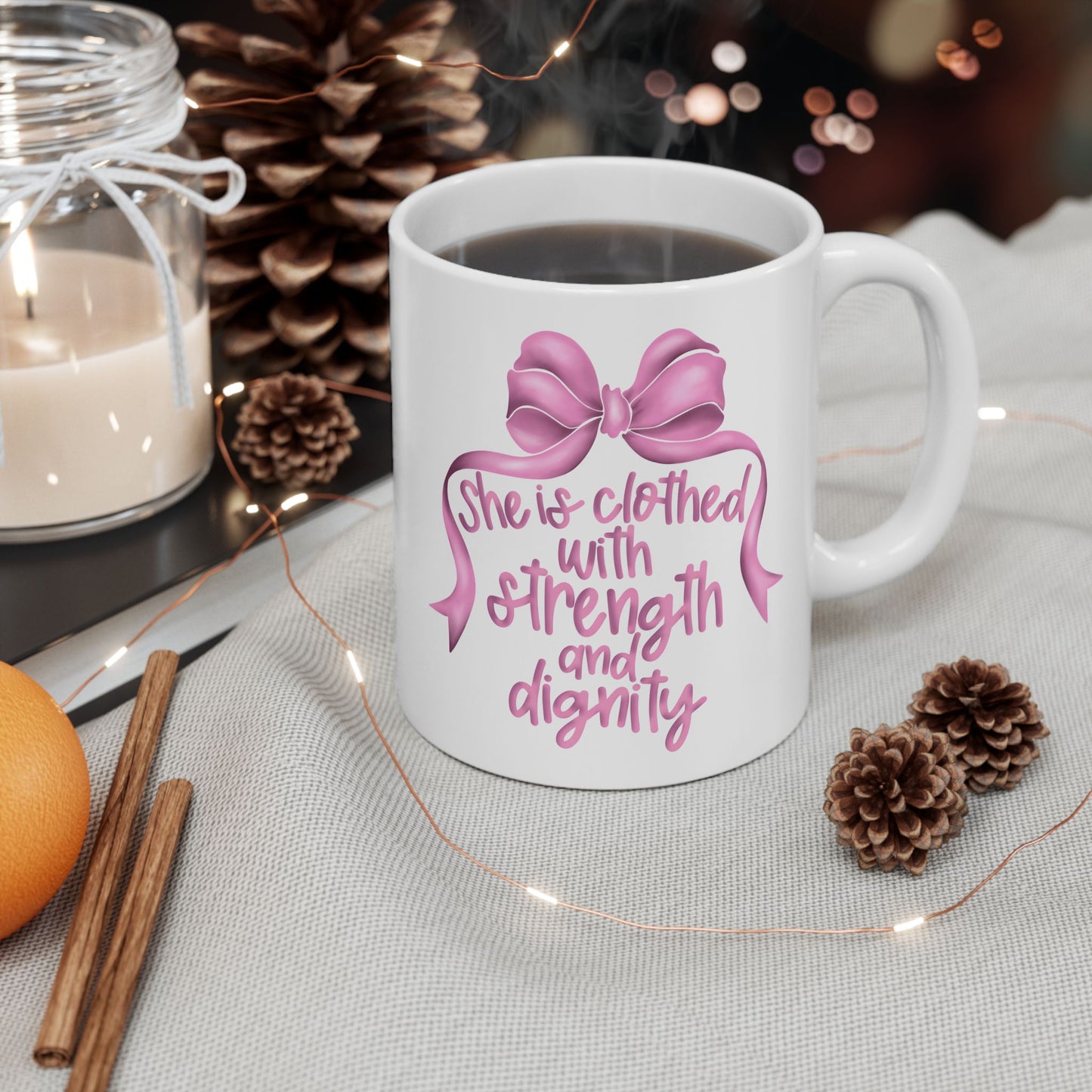 Proverbs 31:25 Pink Bow Ceramic Mug, (11oz, 15oz)