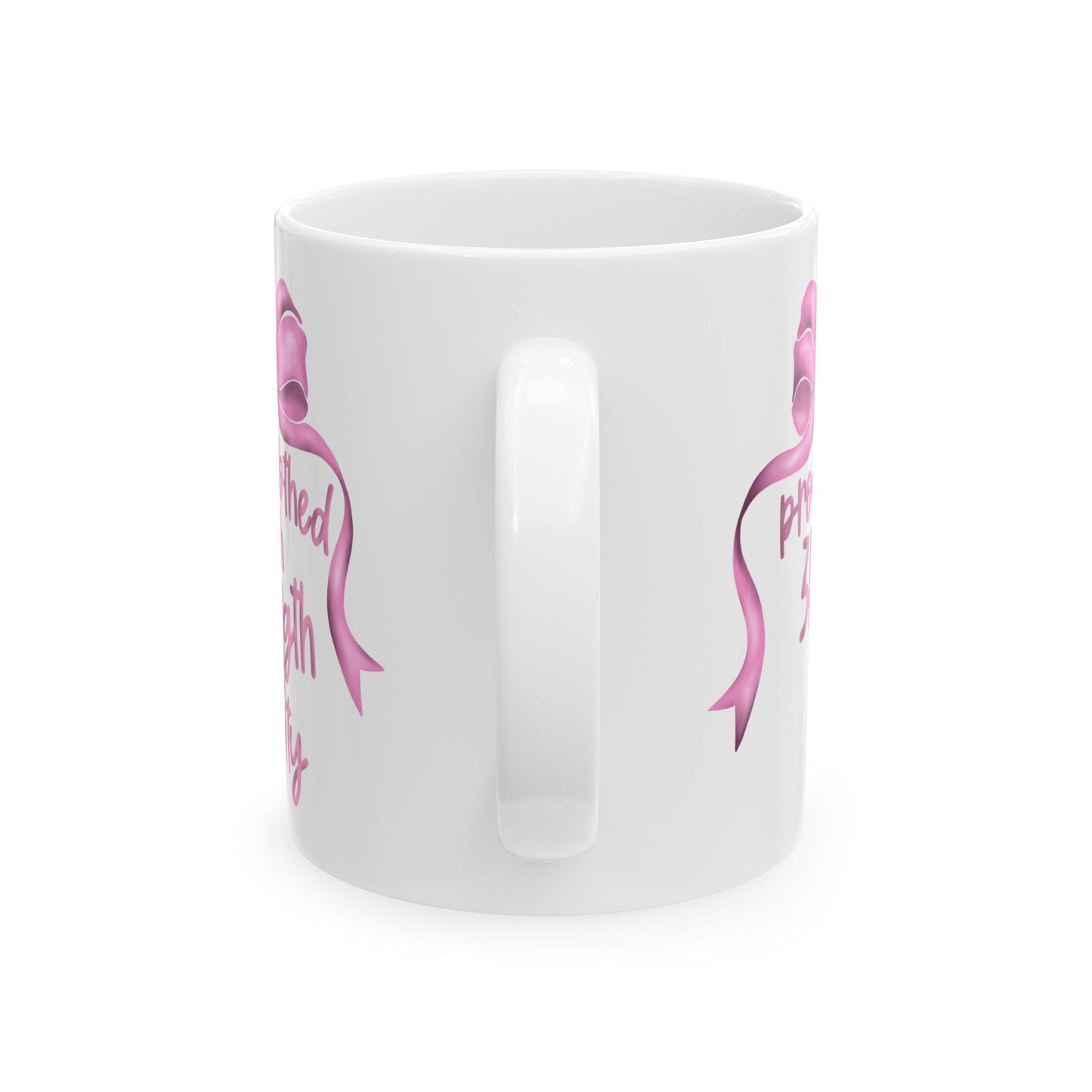Proverbs 31:25 Pink Bow Ceramic Mug, (11oz, 15oz)