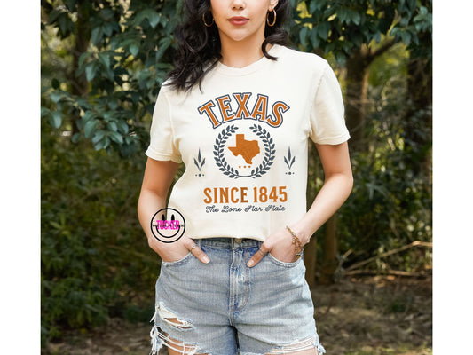 TEXAS VINTAGE VARSITY TEE - COMFORT COLORS IVORY WITH ORANGE