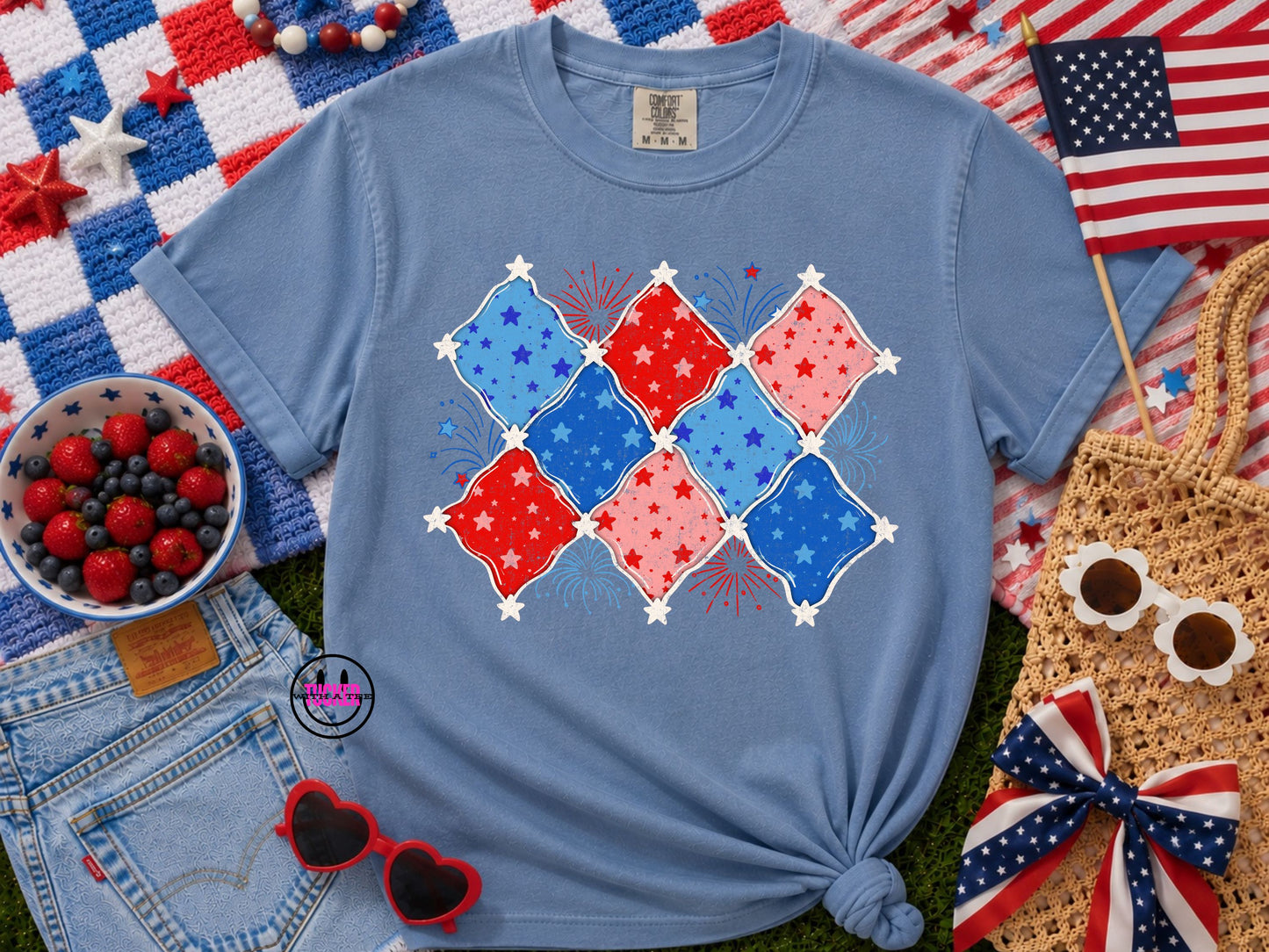 Americana Patchwork Tee — Comfort Colors 1717 Blue Jean