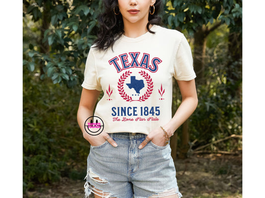 TEXAS VINTAGE VARSITY TEE - COMFORT COLORS IVORY WITH BLUE