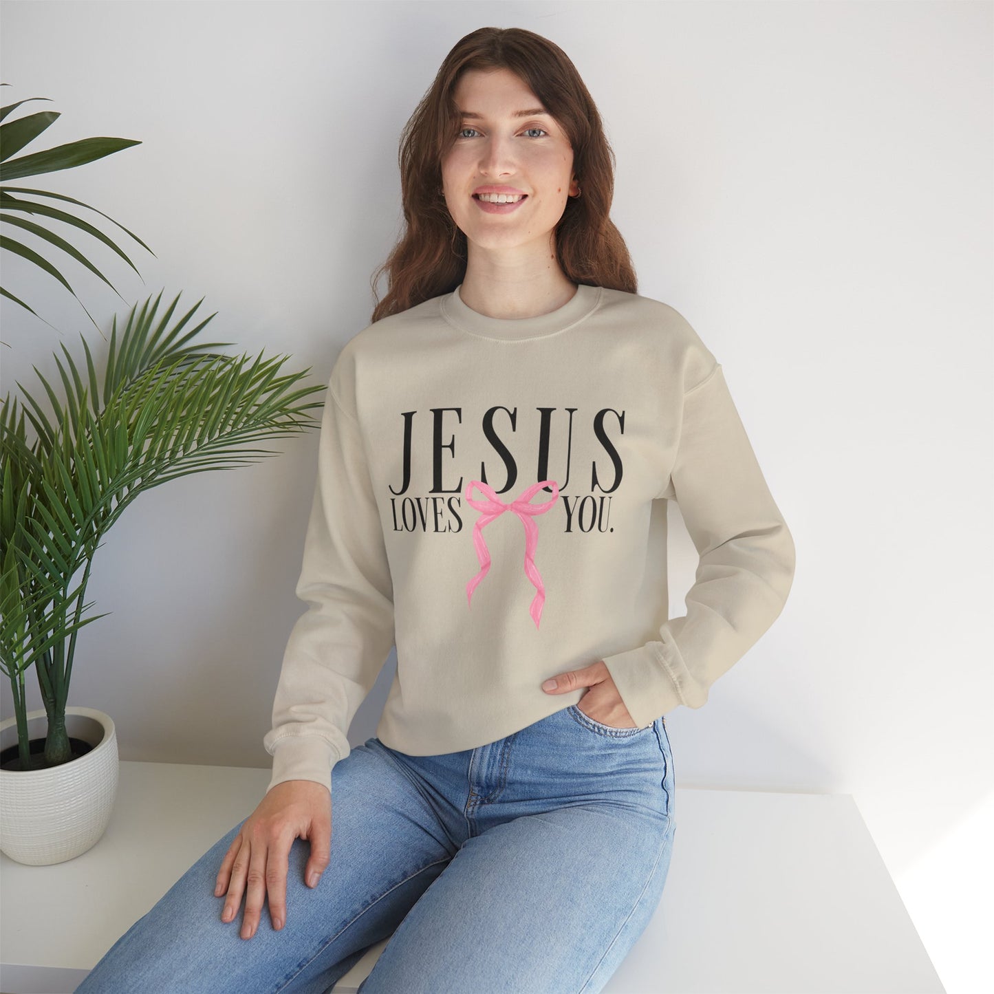 Preppy Jesus Loves You Crewneck Sweatshirt, Religious Christian Pink Bow Gift, Unisex Hoodie, Warm Cozy Pullover, Crewneck for Women