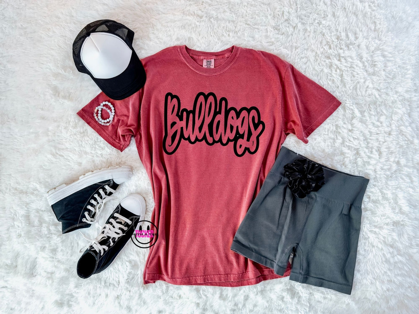 Black Bulldogs script crimson Comfort Colors tee