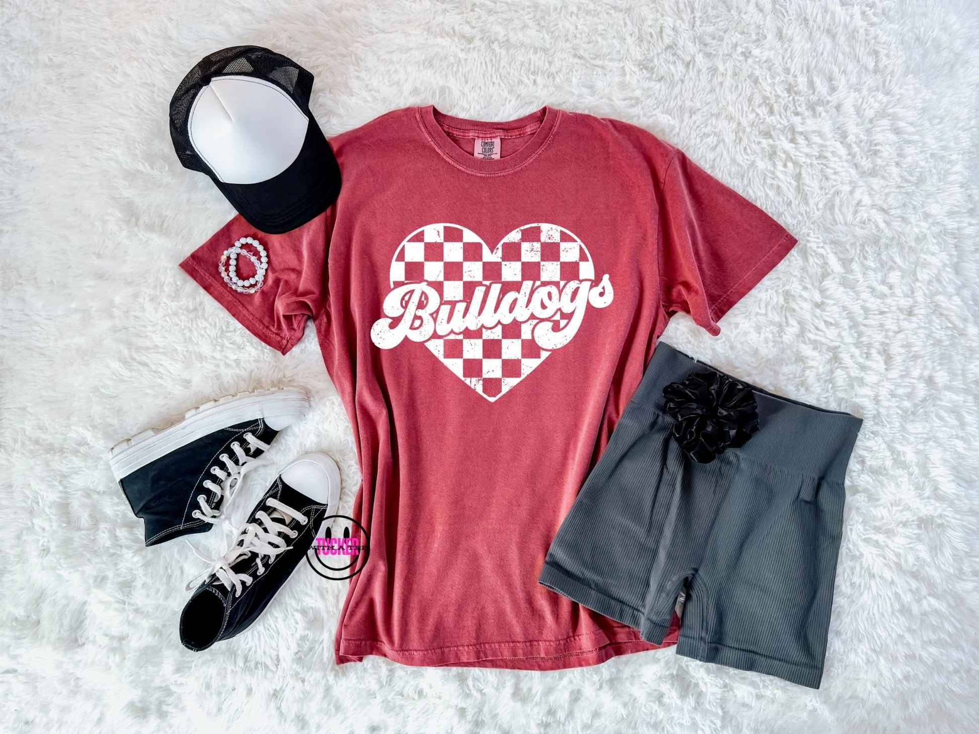 Checkered heart Bulldogs crimson Comfort Colors tee