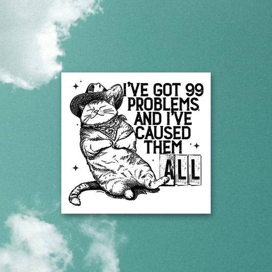 99 problems and I caused them all, funny cat western sticker