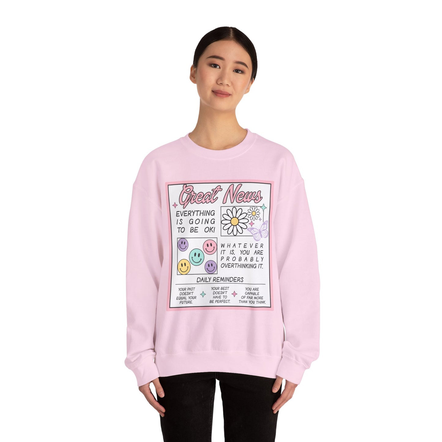 Newspaper Style Graphic Crewneck Sweatshirt - Everything Will Be Okay