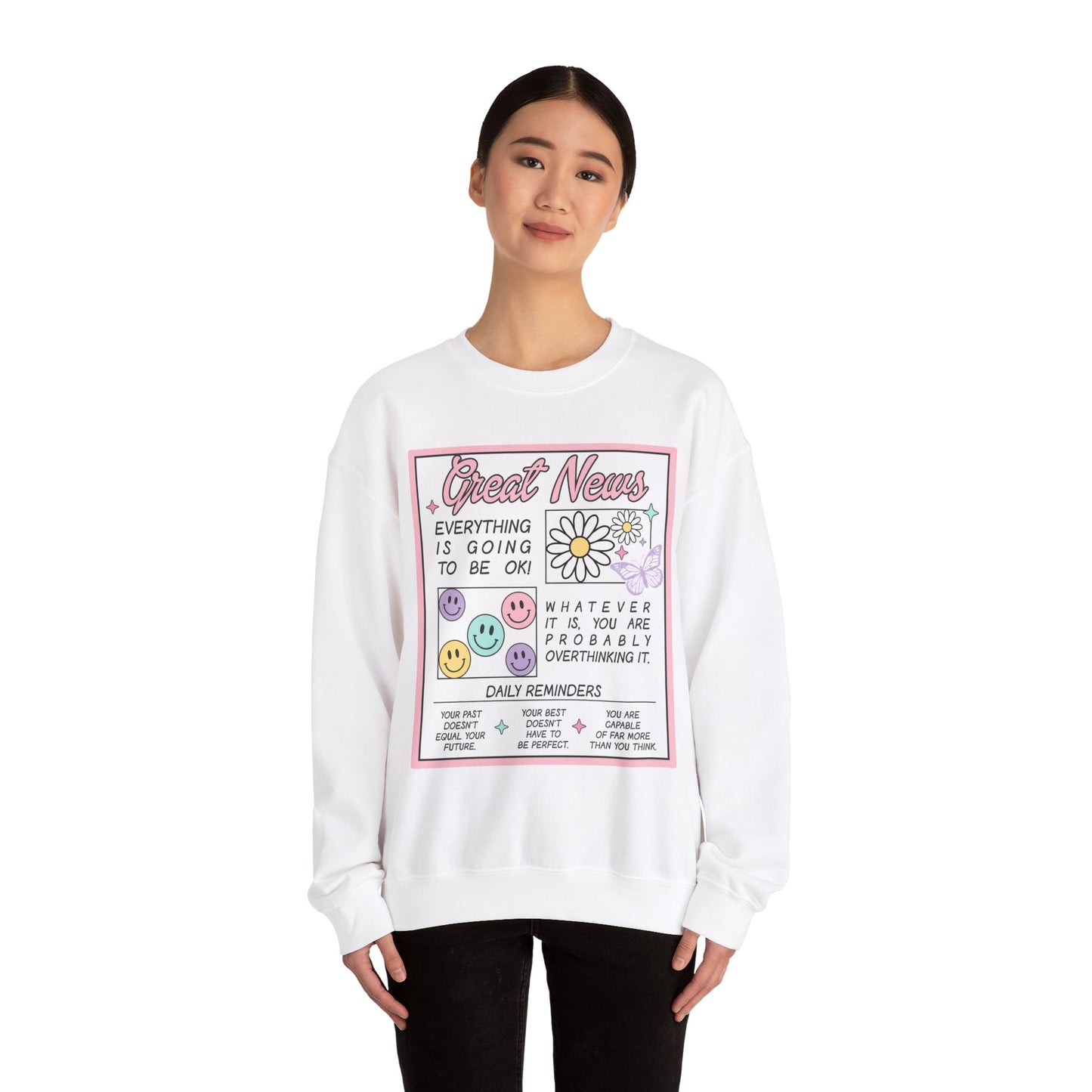 Newspaper Style Graphic Crewneck Sweatshirt - Everything Will Be Okay