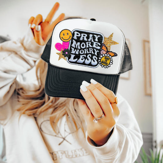 PRAY MORE FAUX PATCH TRUCKER HAT