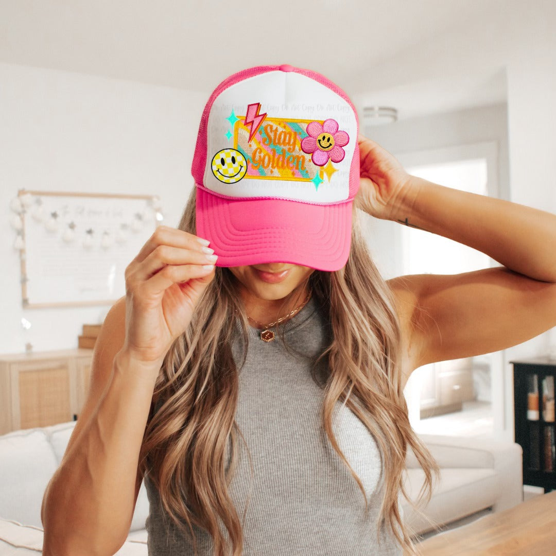 STAY GOLDEN FAUX PATCH TRUCKER HAT