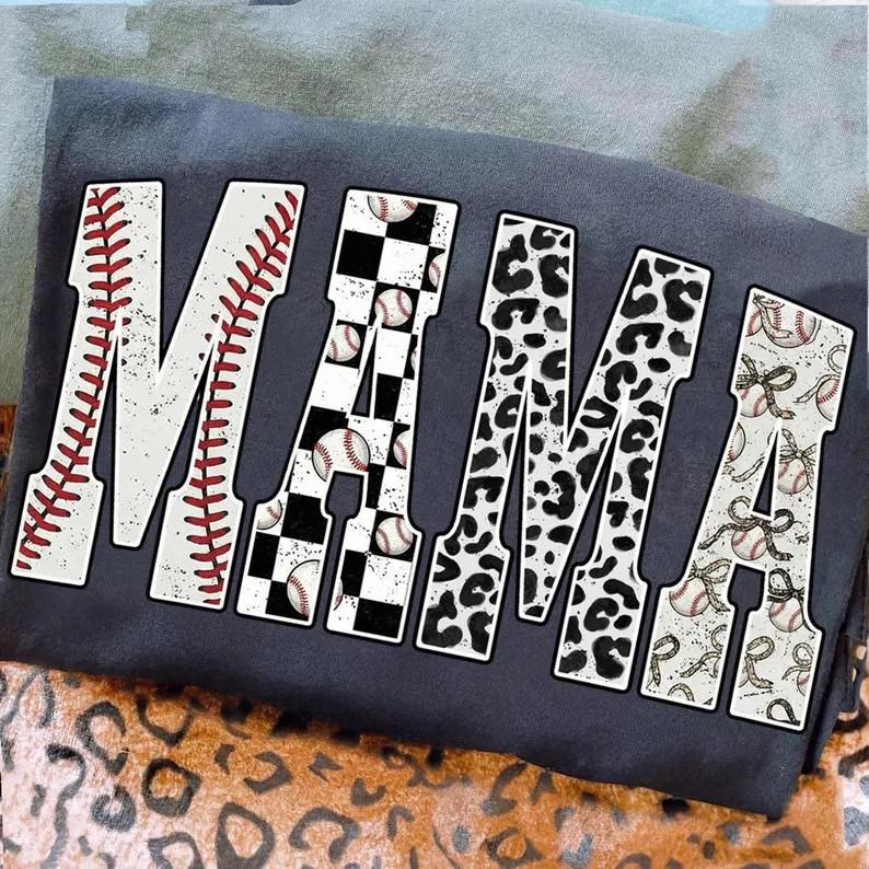 Mama Baseball Multi Print Tee | Comfort Colors CC1717 Pepper | Baseball Mom Graphic Tee