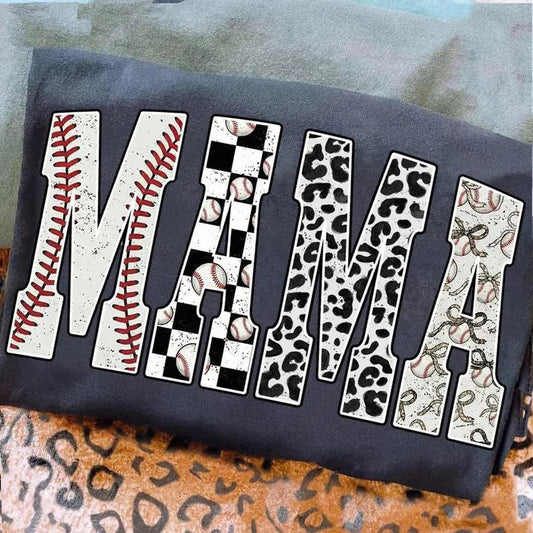 Mama Baseball Multi Print Tee | Comfort Colors CC1717 Pepper | Baseball Mom Graphic Tee