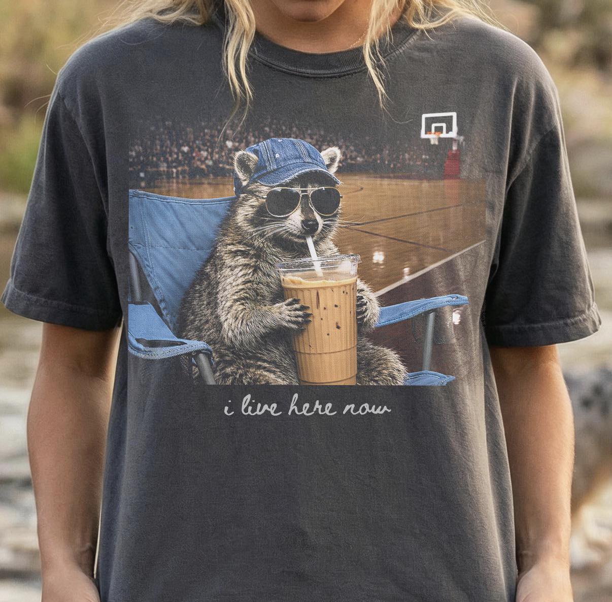 “I Live Here Now” Basketball Raccoon Graphic Tee