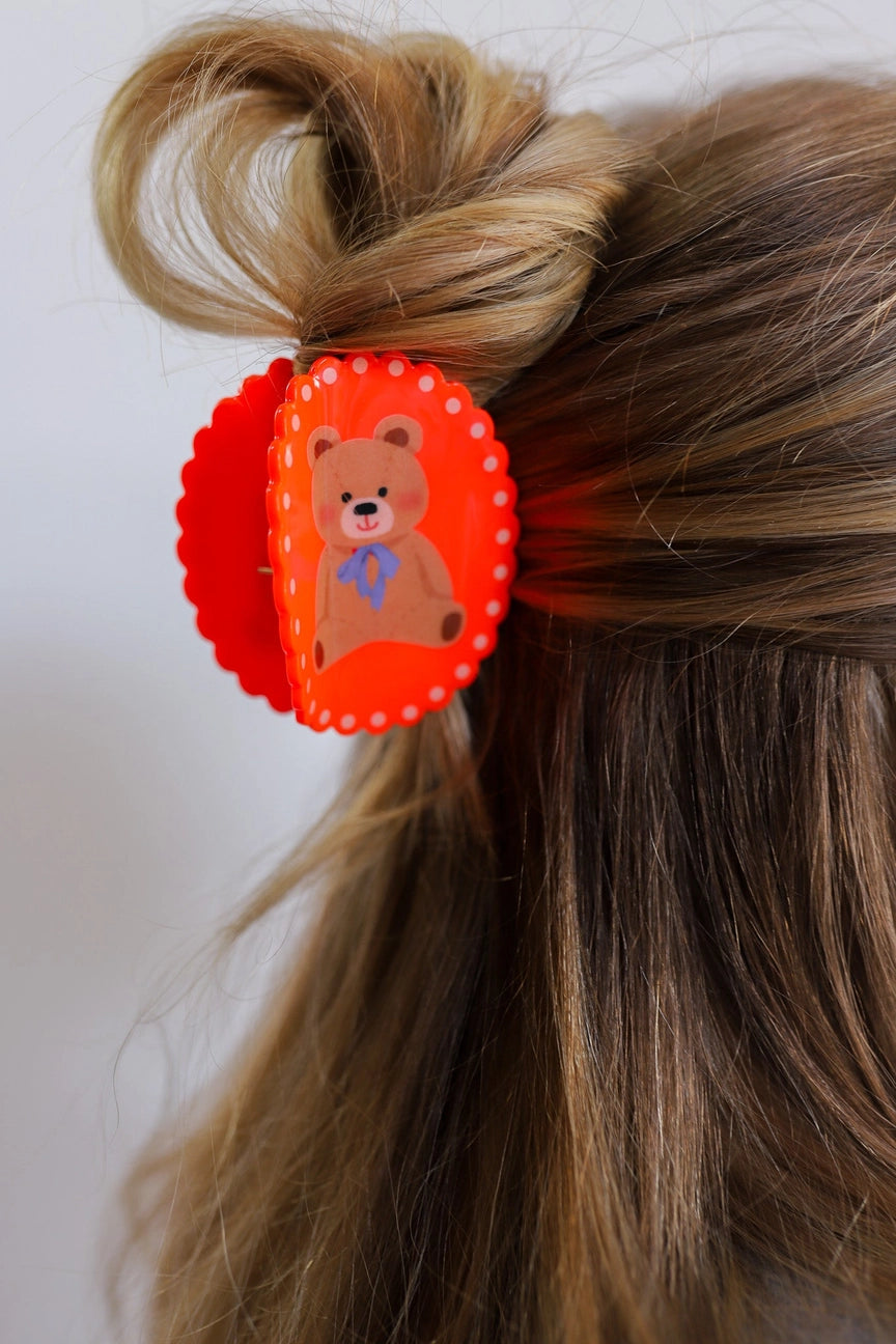 Scalloped Frame Claw Clip – Red + Teddy Bear- KAXI
