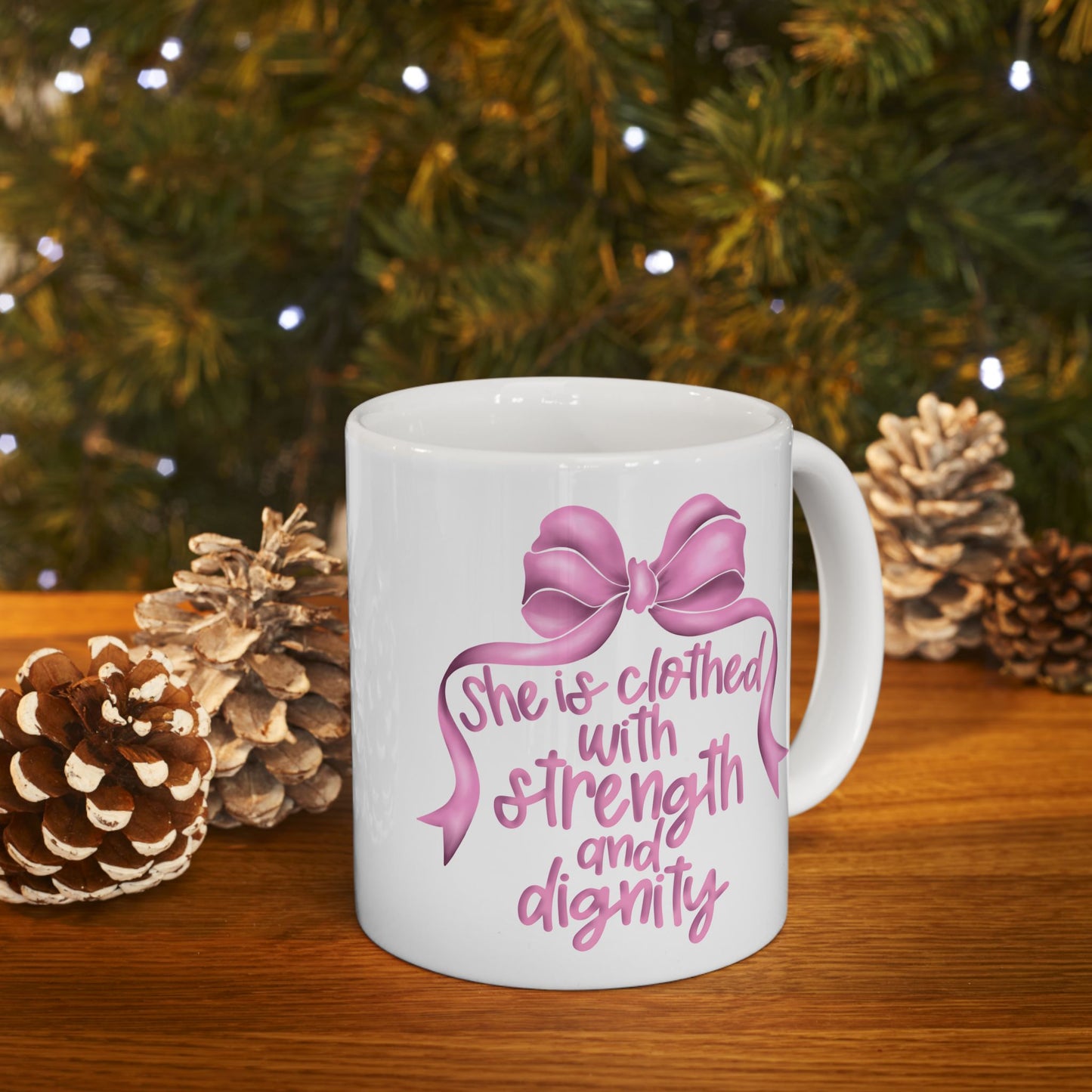 Proverbs 31:25 Pink Bow Ceramic Mug, (11oz, 15oz)