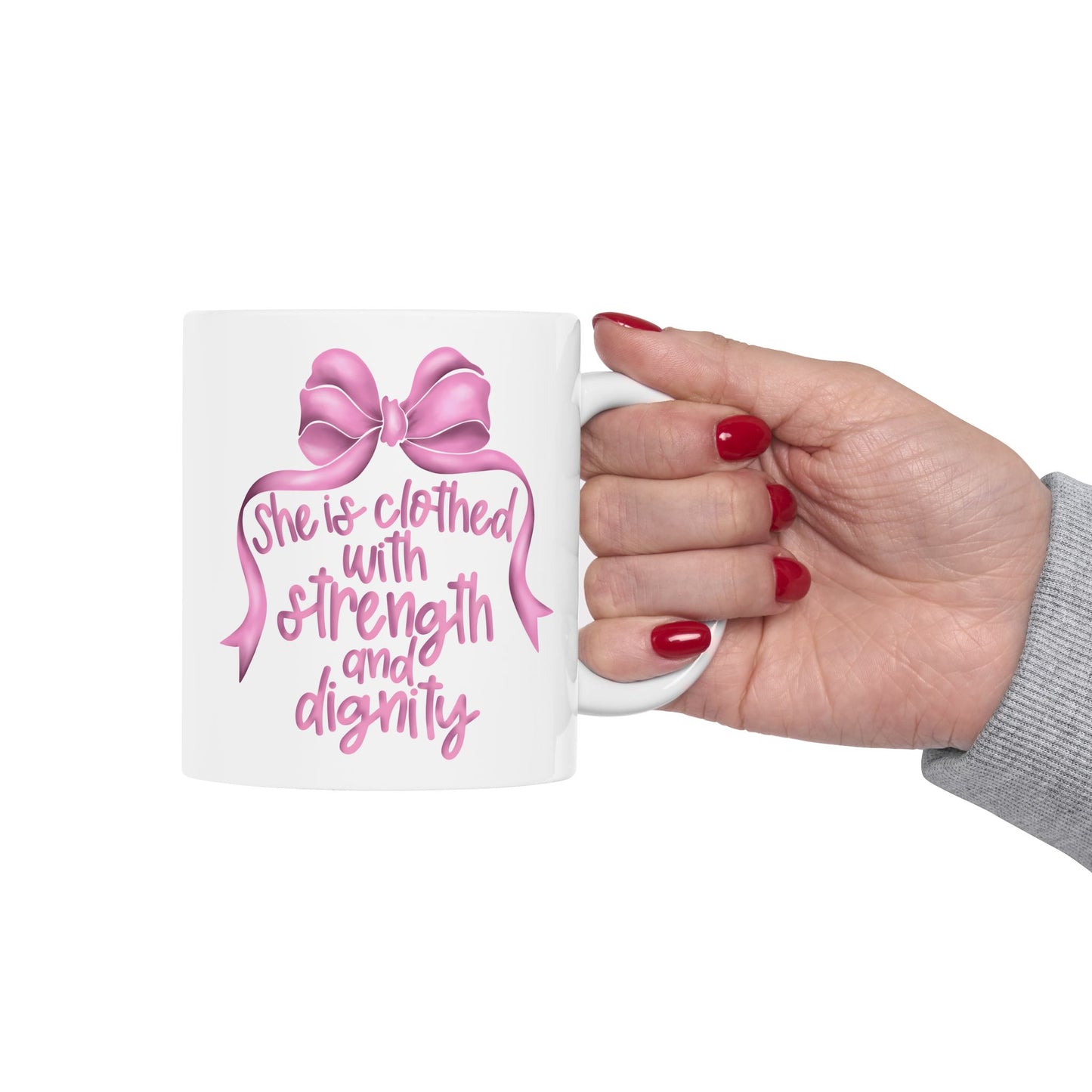 Proverbs 31:25 Pink Bow Ceramic Mug, (11oz, 15oz)