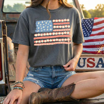 American Flag Floral Comfort Colors Tee | Pepper CC1717 Patriotic Graphic T-Shirt