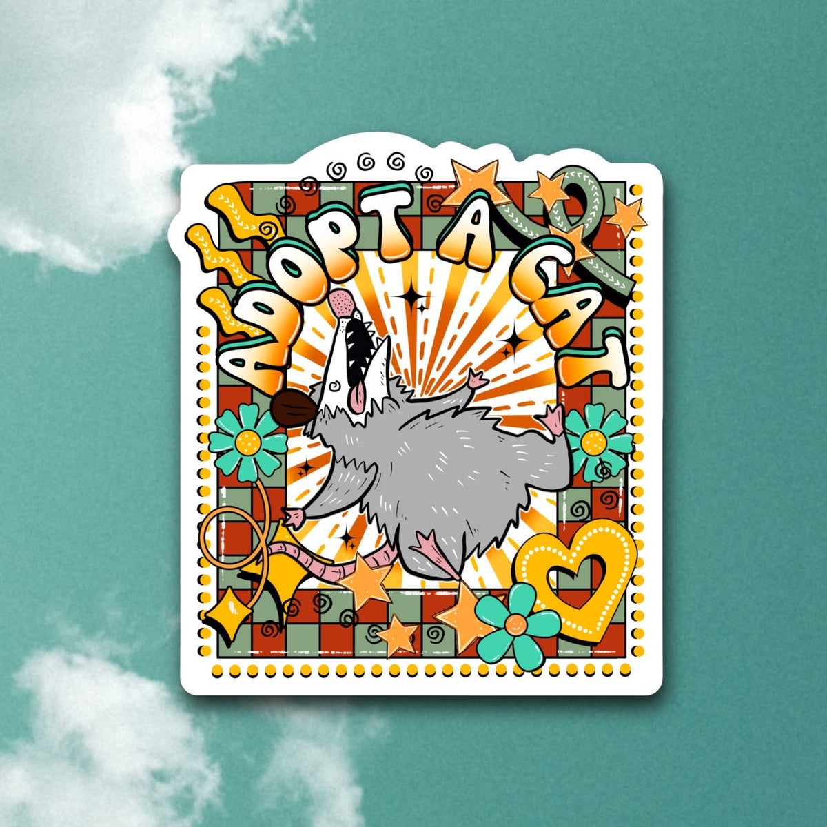Adopt a Cat, humorous dramatic possum sticker, journal plan