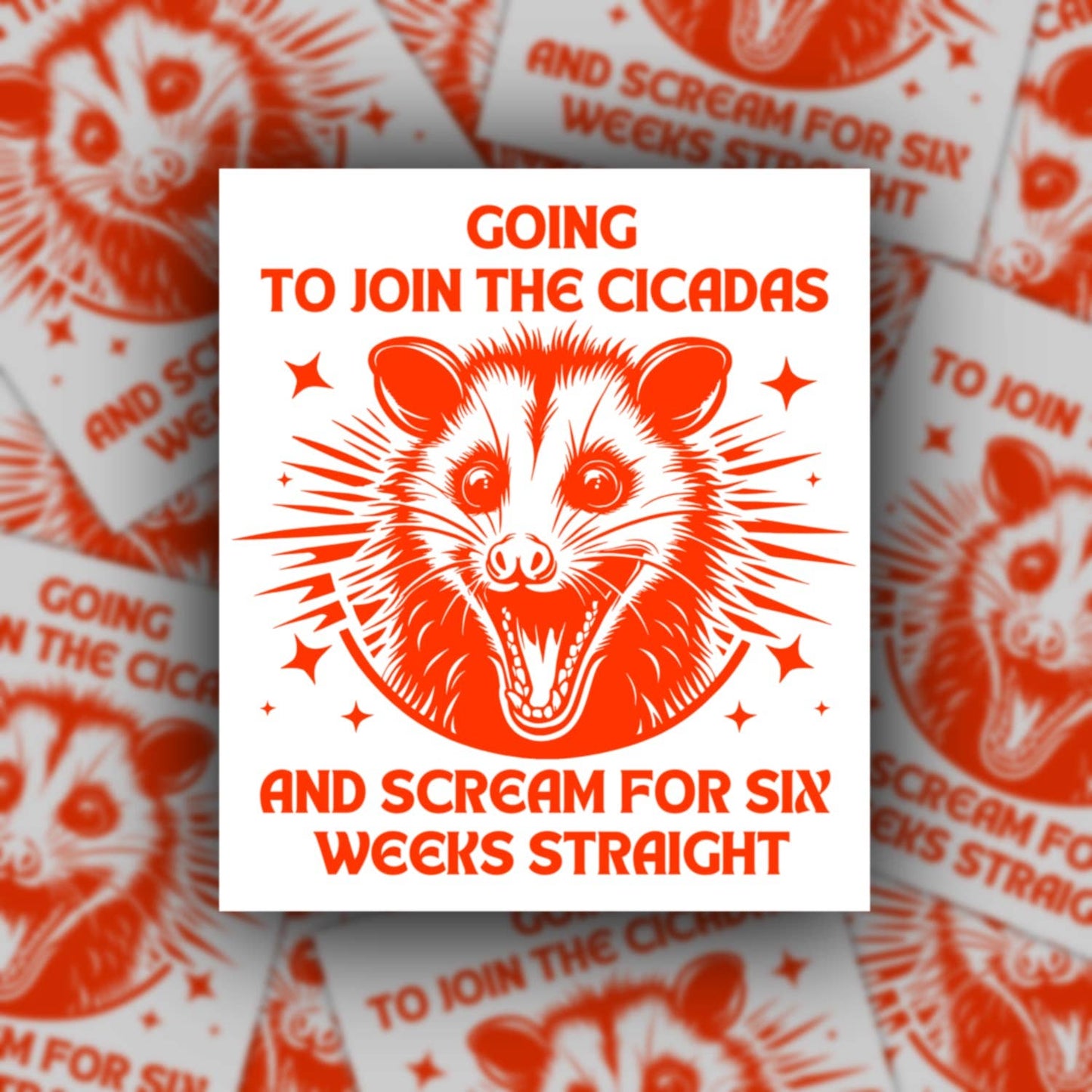 Join Cicadas and Scream for 6 weeks, funny opossum sticker
