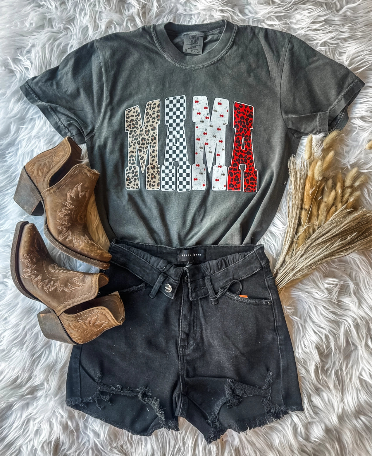 Mama Mixed Print Tee | Checker, Cherry & Leopard Print | Comfort Colors CC1717 Espresso or Pepper | Trendy Mama Graphic Tee