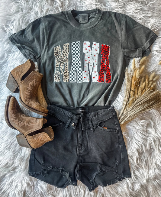 Mama Mixed Print Tee | Checker, Cherry & Leopard Print | Comfort Colors CC1717 Espresso or Pepper | Trendy Mama Graphic Tee