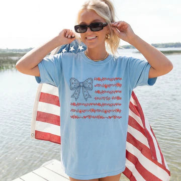 Floral American Flag with Bow Comfort Colors Tee | Hydrangea CC1717 Patriotic Graphic Tee