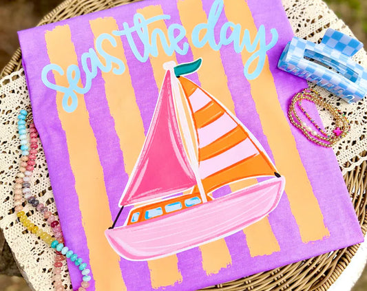 Seas the Day Sailboat Comfort Colors Tee | Neon Violet CC1717 Coastal Graphic T-Shirt