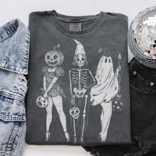 Skeleton pumpkin ghost friends Comfort Colors tee