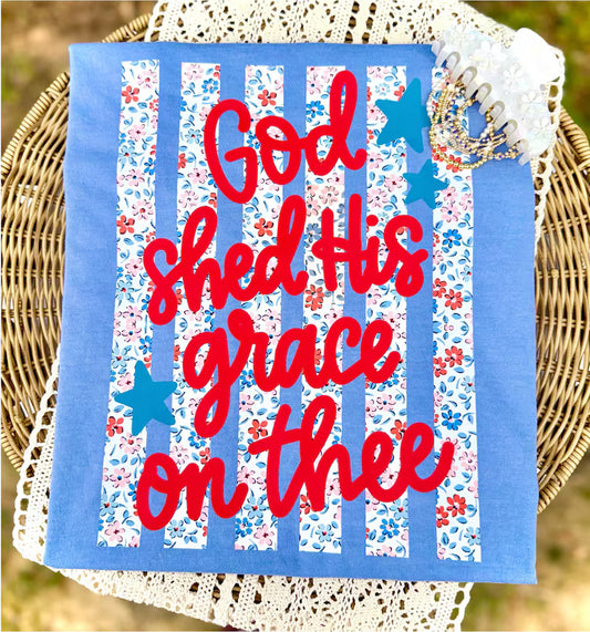 God Shed His Grace on Thee Floral Stripe Tee | Comfort Colors CC1717 Blue Jean | Patriotic Floral Shirt
