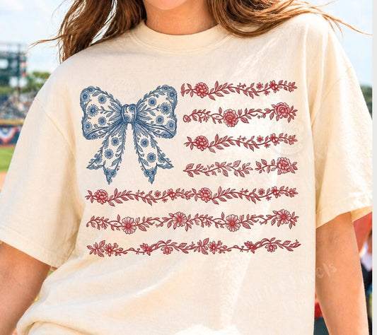 Floral American Flag with Bow Comfort Colors Tee | Ivory CC1717 Patriotic Graphic Tee (Copy)