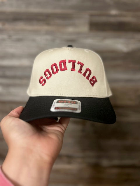 UPSIDE DOWN BACKWARDS BULLDOGS EMBROIDERED HAT - CRIMSON/NATURAL/BLACK