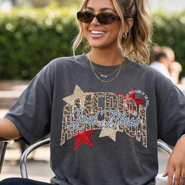 Leopard America God Bless Comfort Colors Tee | Pepper CC1717 Patriotic Graphic T-Shirt